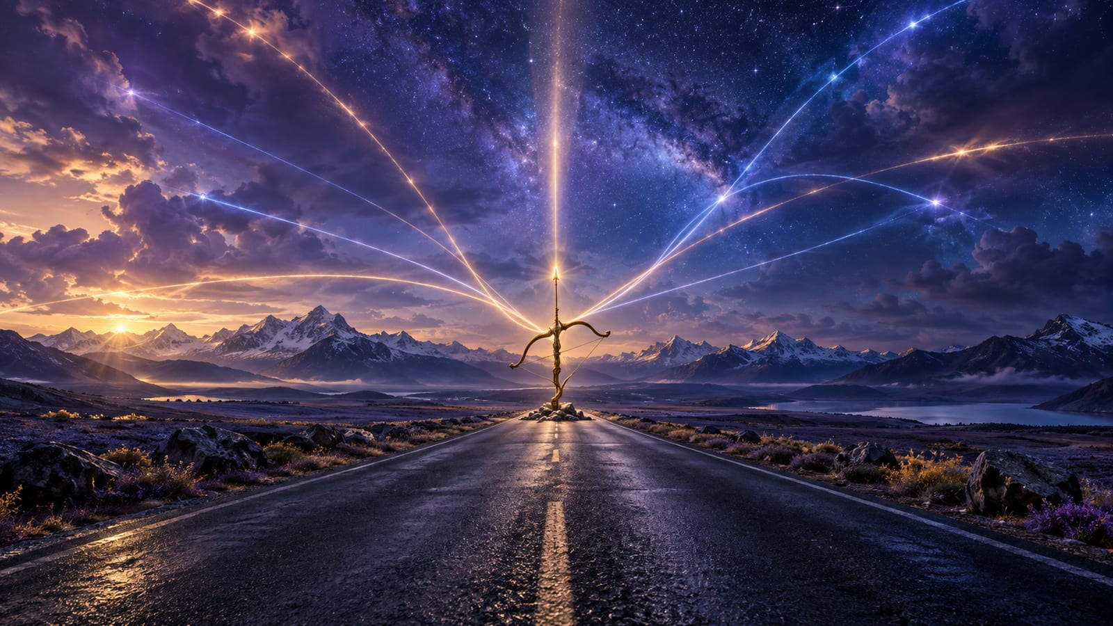 Ilustración editorial: flecha o arco apuntando alto en el centro de carretera recta hacia montañas, con varios caminos que salen hacia el horizonte.