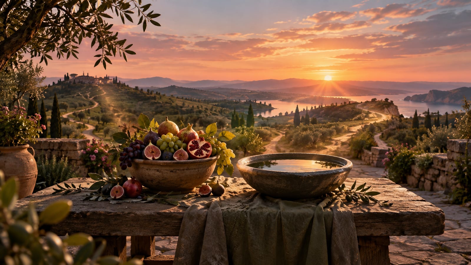 Ilustración editorial: mesa puesta o fruta madura en el centro de huerto al atardecer, con varios caminos que salen hacia el horizonte.
