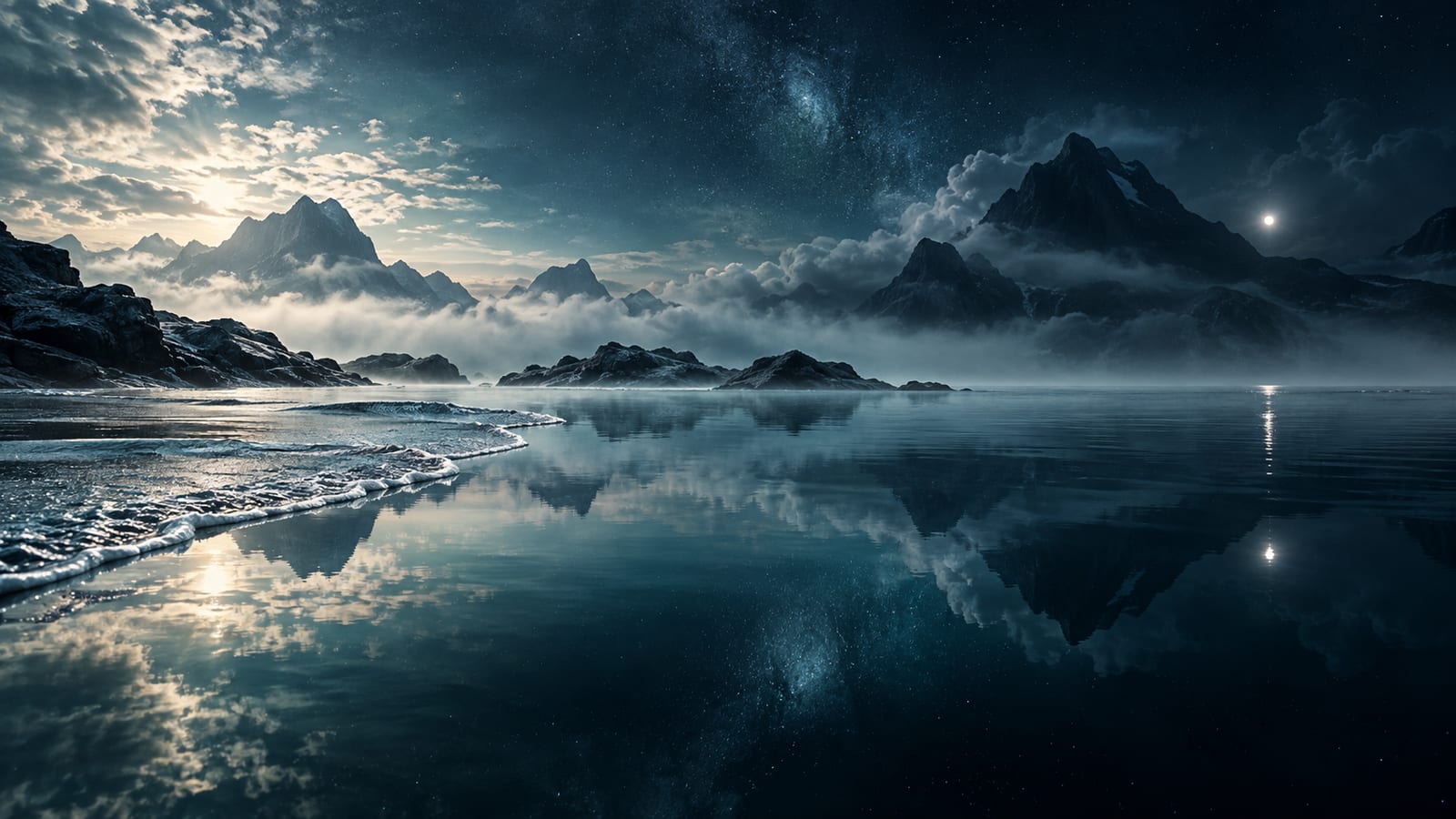 Ilustración editorial: escena de agua: three depths of water in one frame.