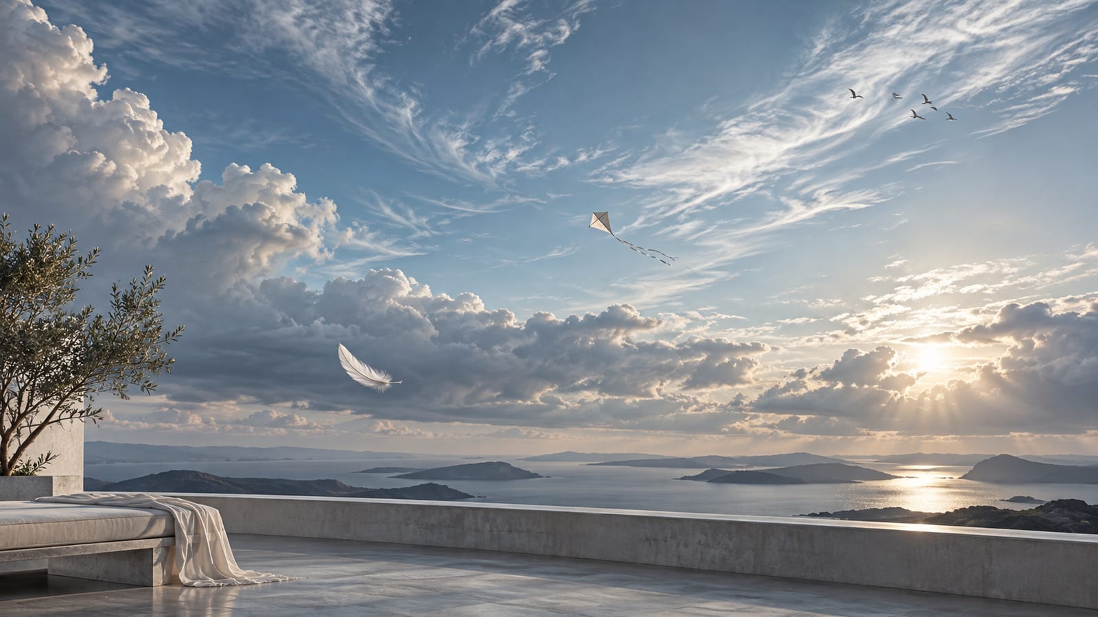 Ilustración editorial: escena de aire: a vast open sky above a balcony.