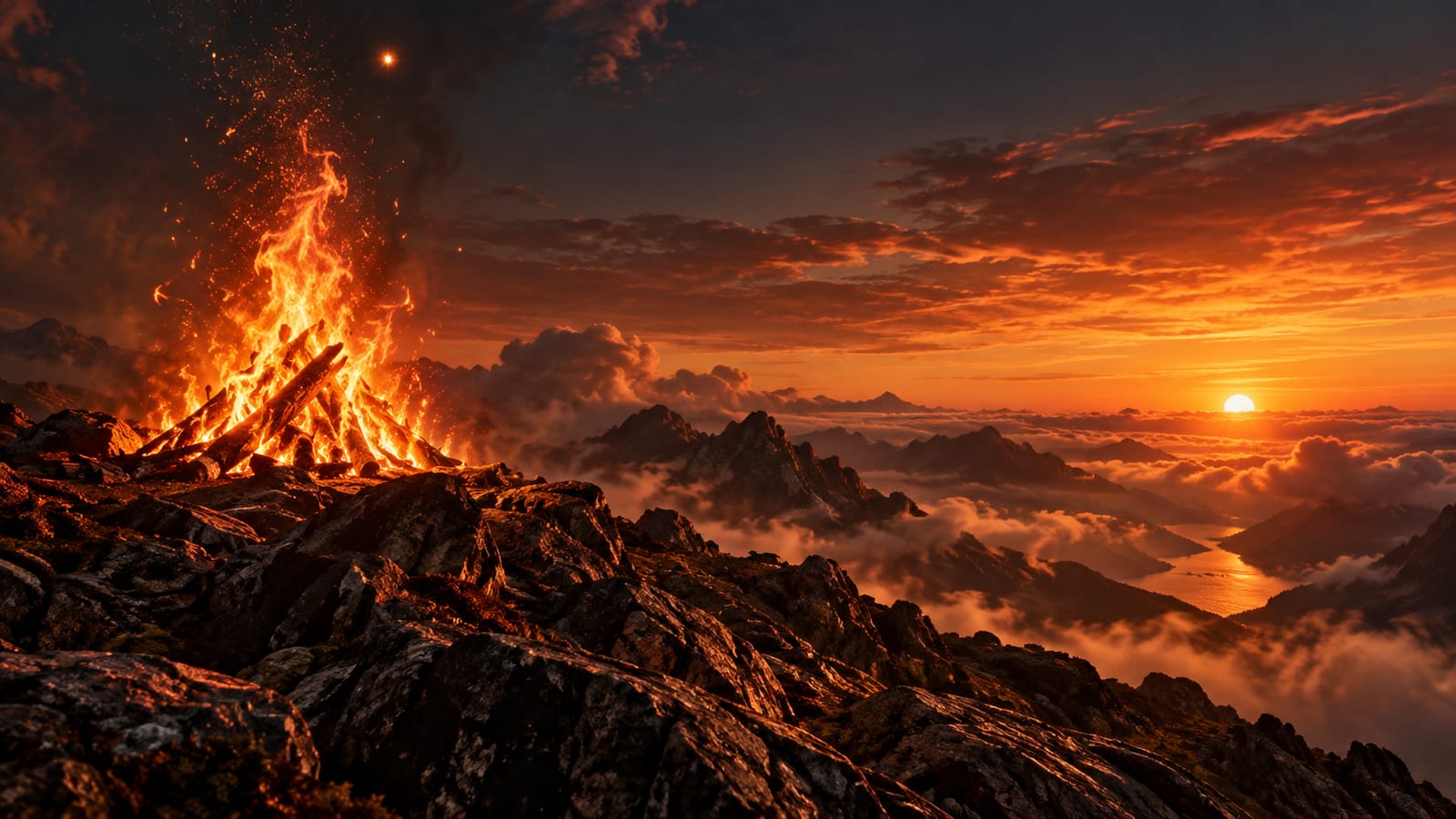 Ilustración editorial: escena de fuego: embers and directional warm light on a high ridge at sunrise, three sources of light of different sizes (a bonfire, a low sun and a spark) sharing one sky, diagonal ascending lines.