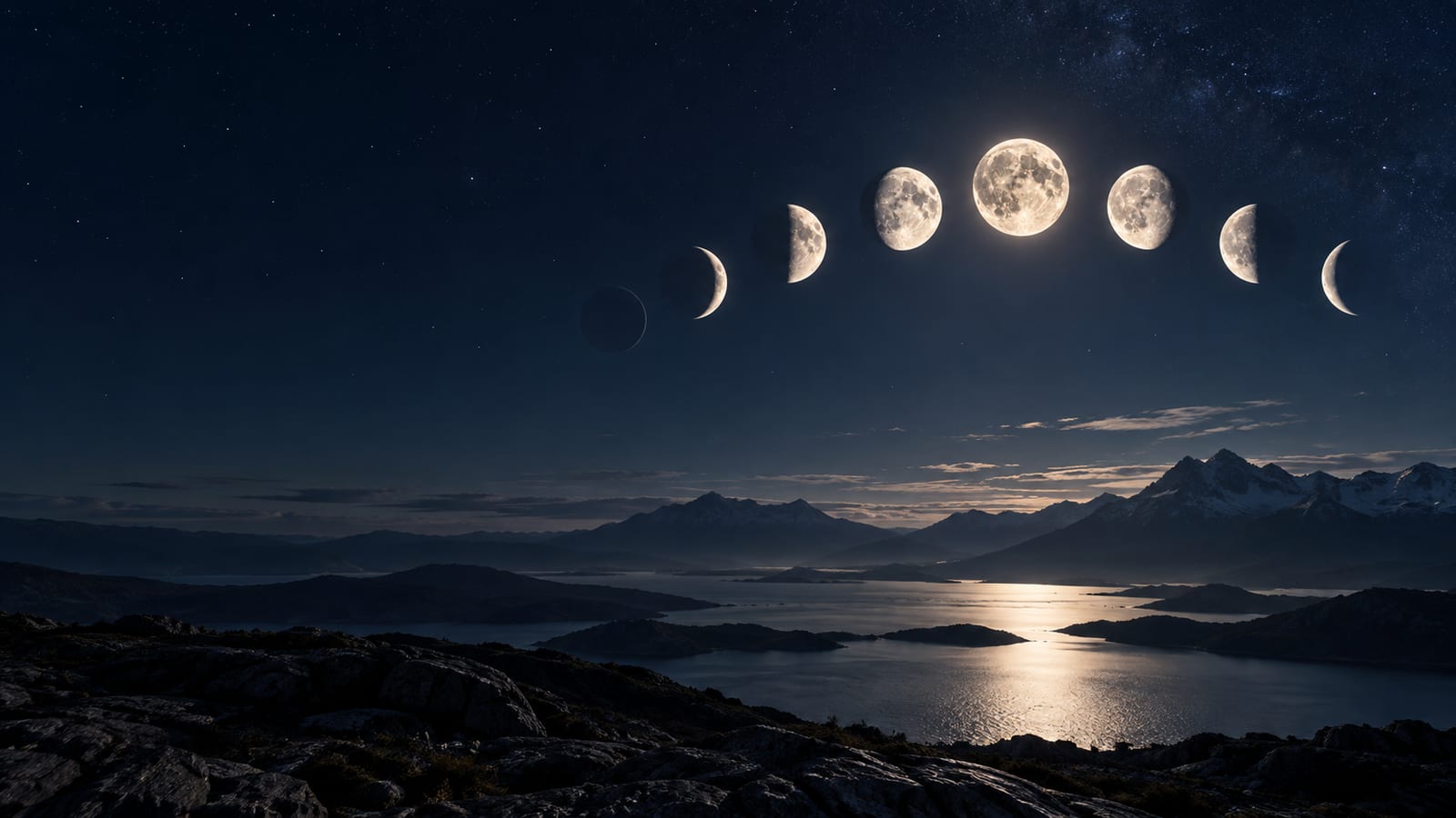 Ilustración editorial: un arco de ocho lunas sobre una cresta oscura, mostrando el ciclo lunar en orden.