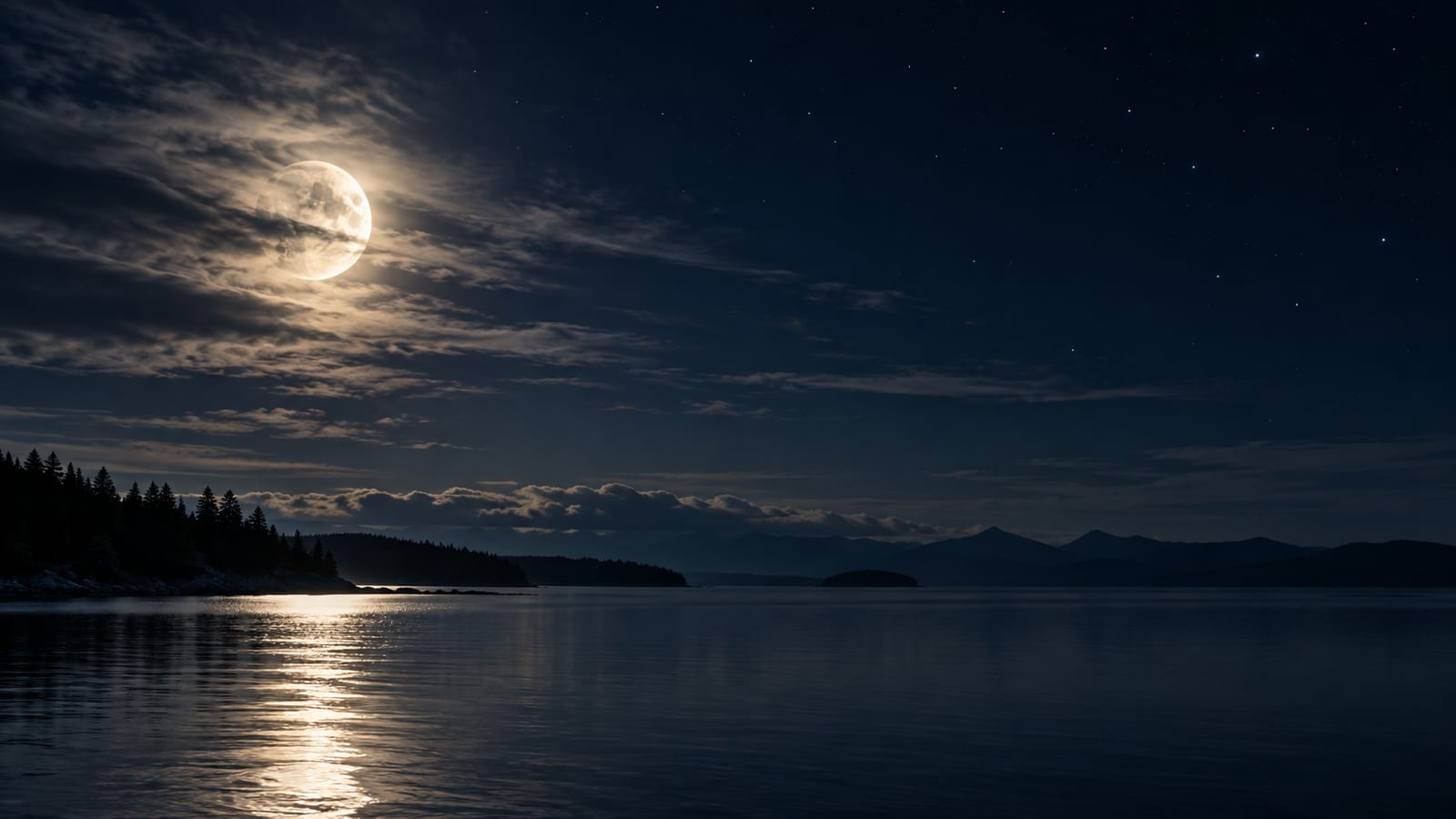 Ilustración editorial: la Luna velada por bruma sobre un lago en calma, de noche.