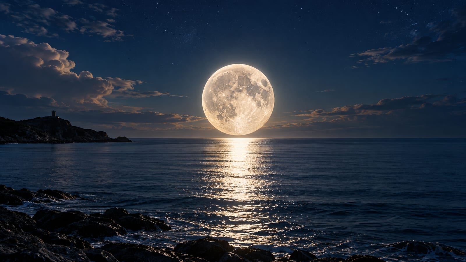 Ilustración editorial: una luna llena enorme saliendo sobre el mar, con su reflejo en el agua.
