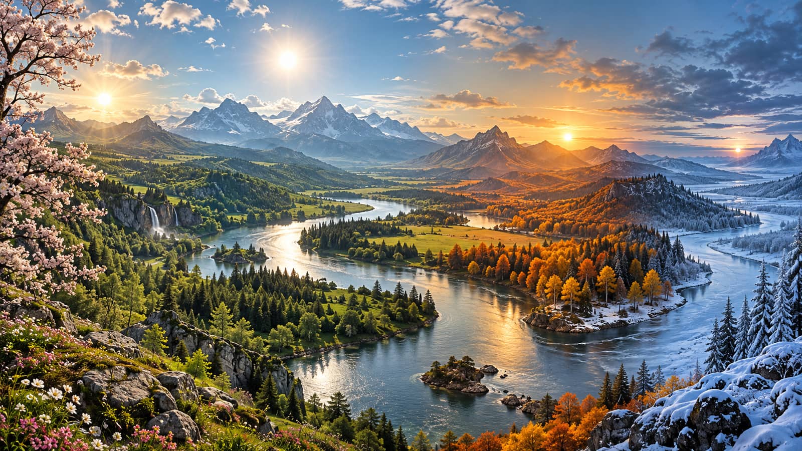 Ilustración editorial: un paisaje panorámico que recorre las cuatro estaciones, con el mismo río atravesándolas.