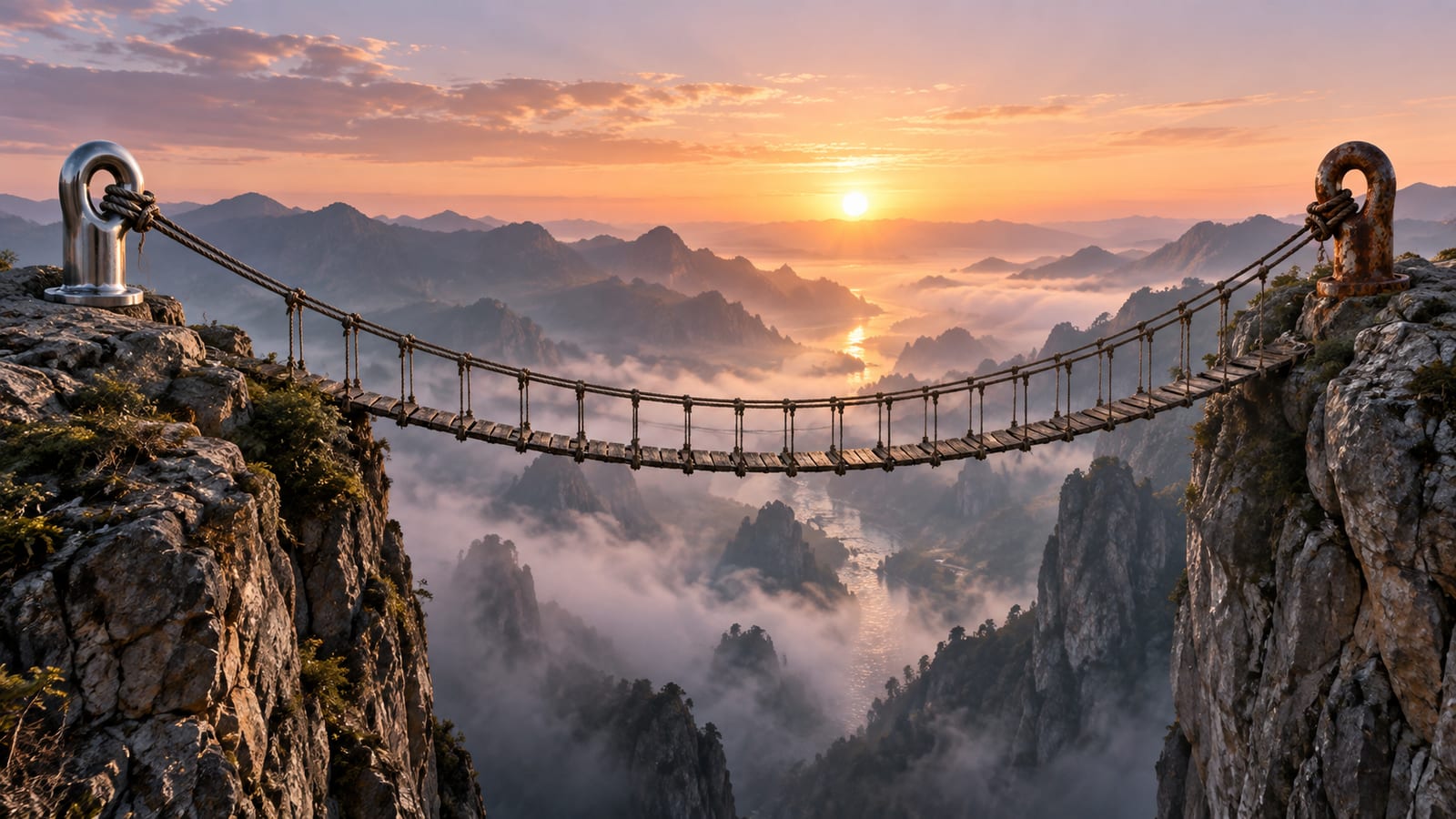 Un puente colgante de cuerda sobre un desfiladero al amanecer, sostenido desde las dos orillas por dos anclajes de hierro, uno pulido y otro oxidado.