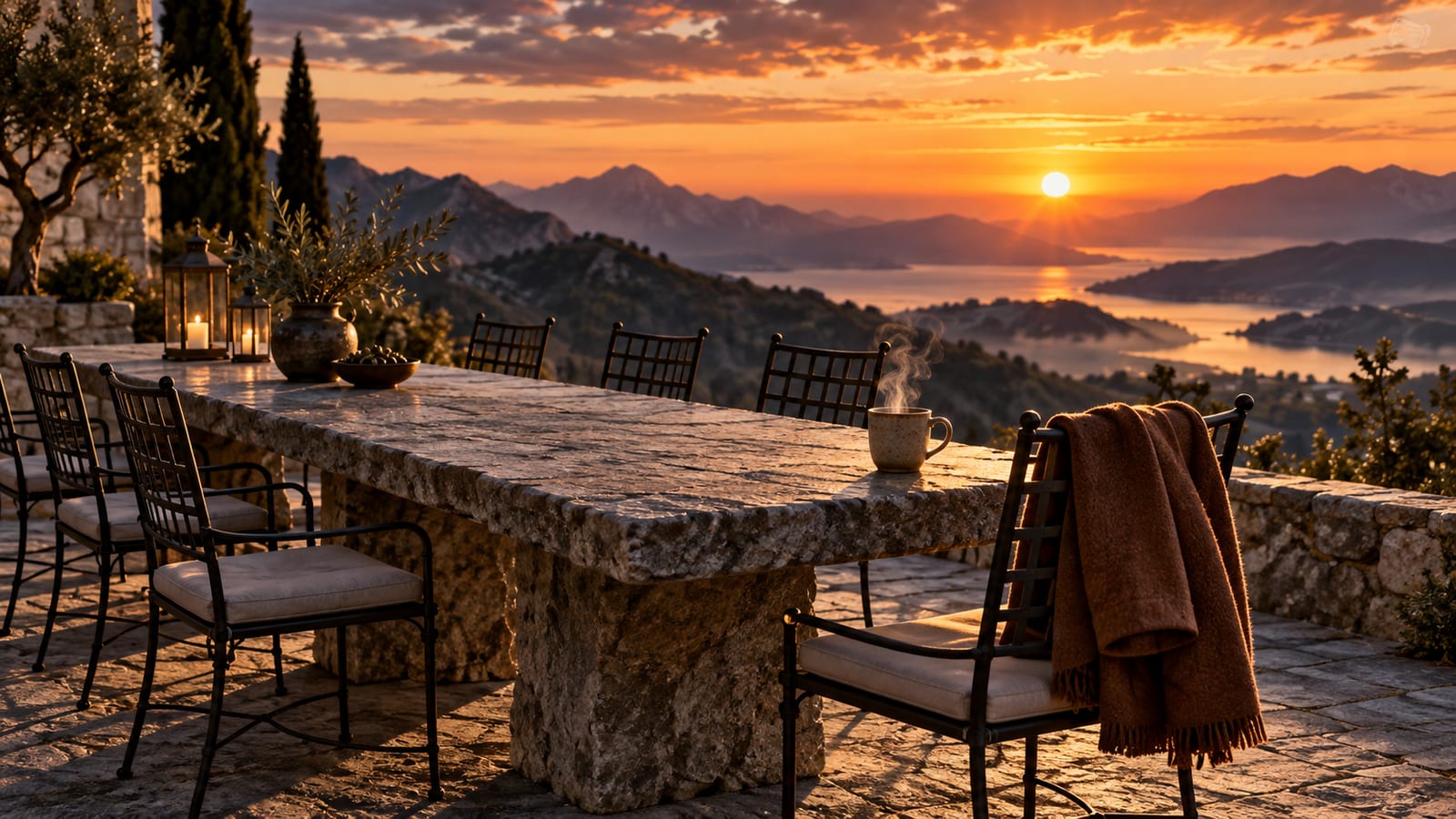 Una mesa larga de piedra en una terraza de montaña al atardecer, con varias sillas de hierro y solo una ocupada por un abrigo doblado y una taza humeante.