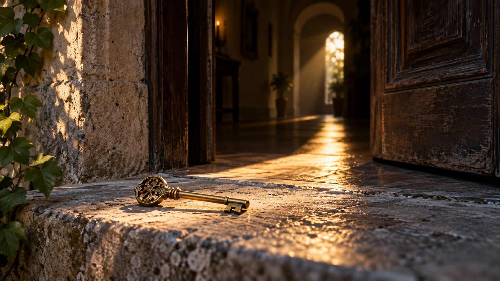 Una llave de latón sobre el umbral de piedra de una casa antigua, con la puerta entreabierta hacia un pasillo en penumbra y un rayo de sol de tarde cruzando el suelo.