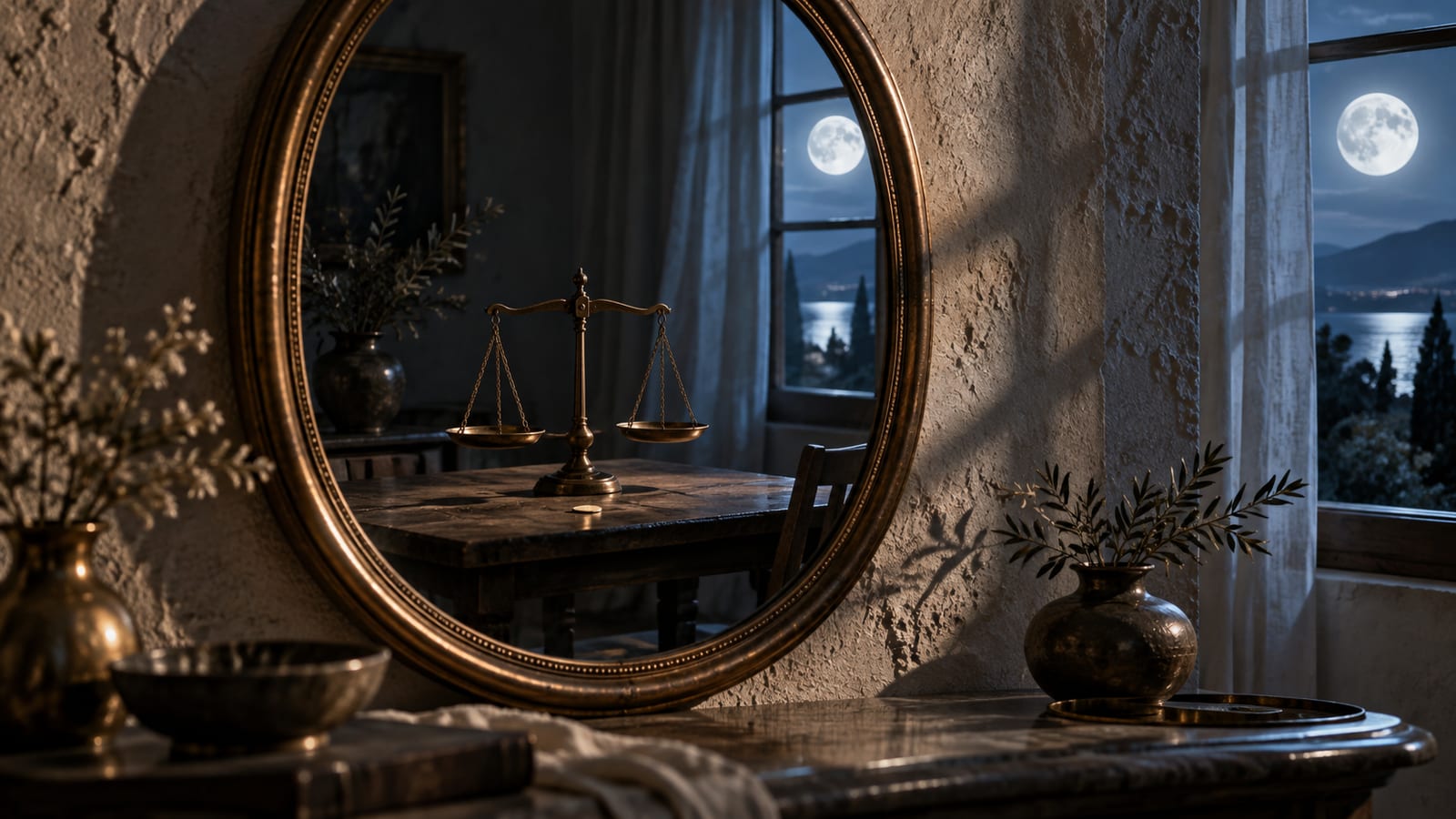 Un espejo ovalado con marco de bronce apoyado en una pared de estuco, que refleja una mesa con una balanza vacía y una sola moneda en el centro, con la luna llena entrando por la ventana.