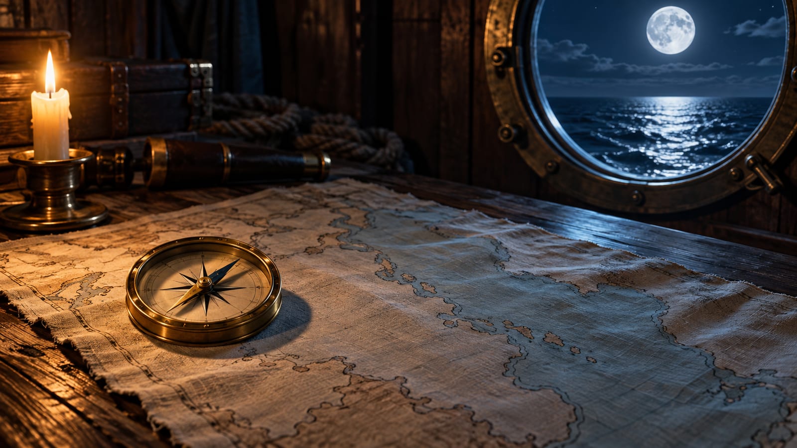 Un mapa de tela sin nombres extendido sobre la mesa de un barco, con una brújula de latón, una vela encendida y una ventana redonda por la que entra la luz de la luna llena.