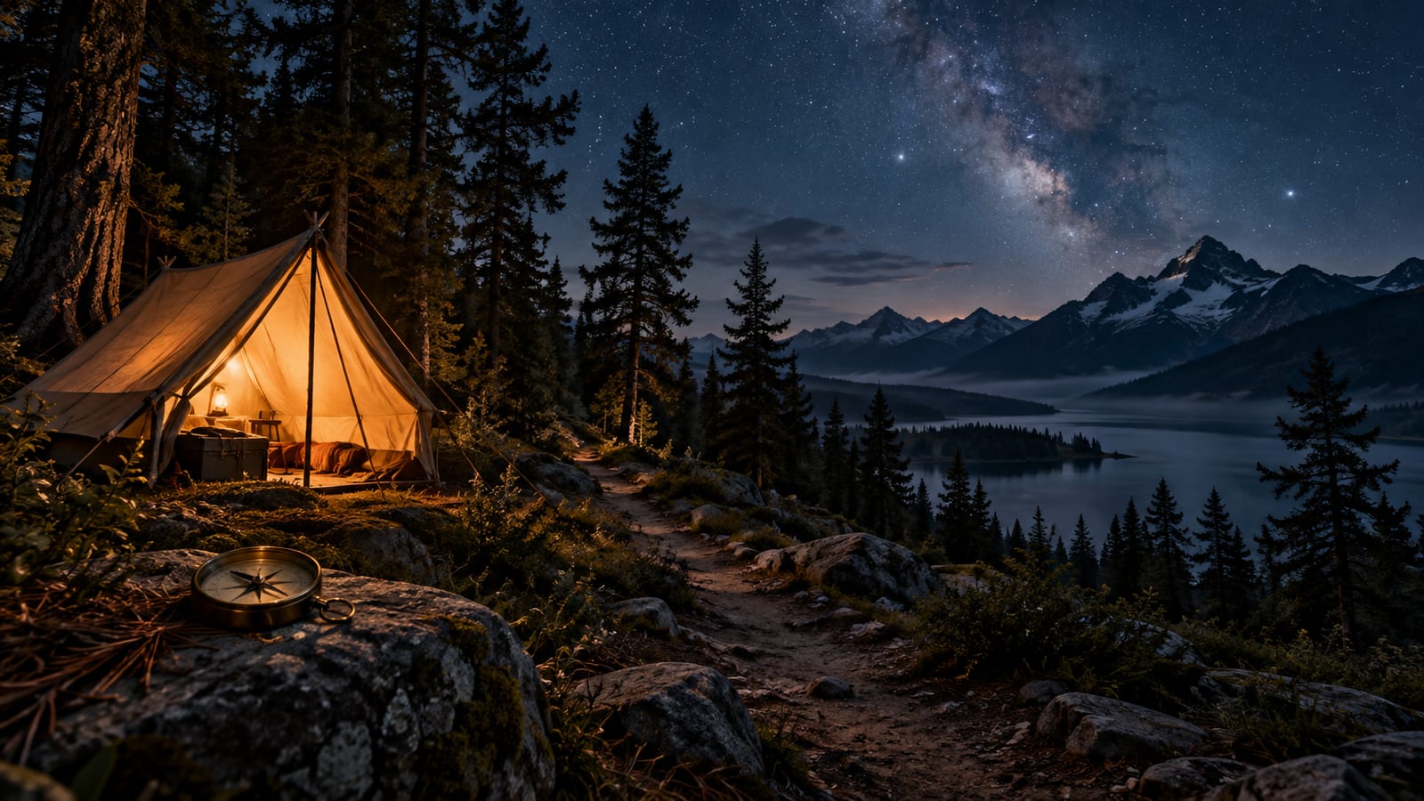 Una tienda de campaña de lona iluminada por dentro en un claro de bosque de noche, con una brújula de latón sobre una piedra a la entrada y un sendero que se pierde entre los árboles.