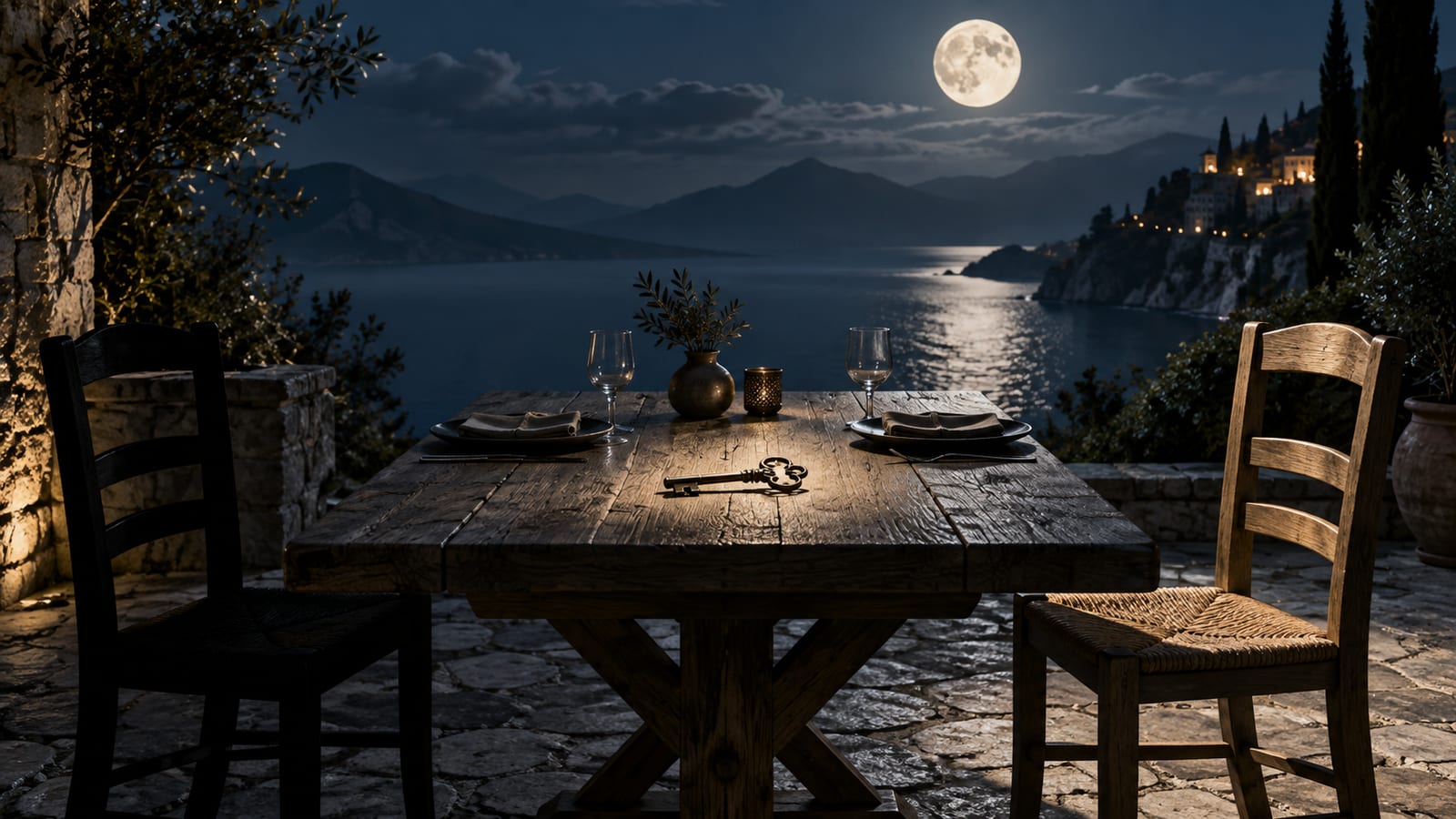 Una mesa de roble puesta para dos en un patio de piedra bajo la luna llena, con una silla bañada de luz y la otra en sombra y una llave de bronce en el centro de la mesa.
