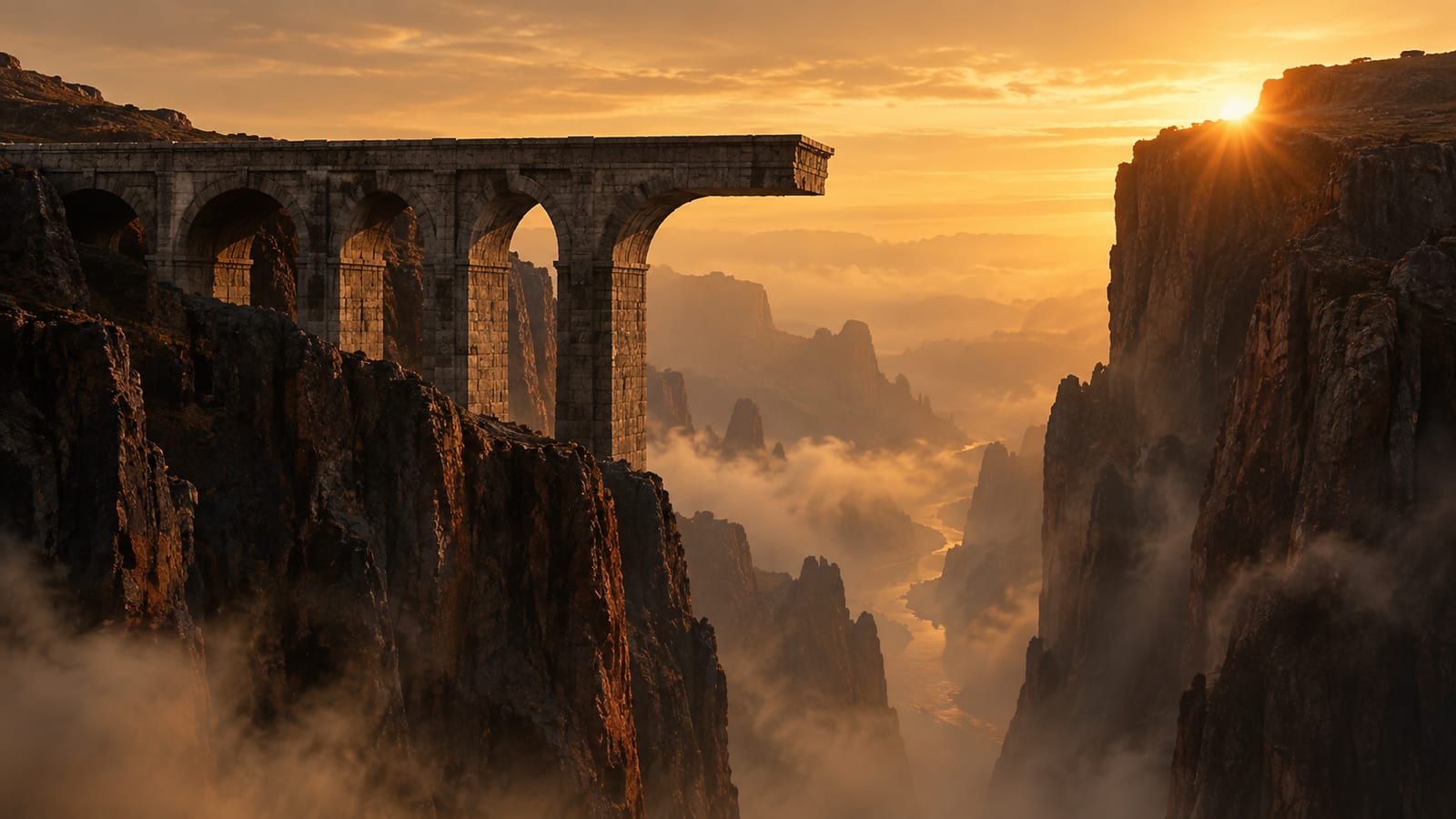 Dos acantilados frente a frente al amanecer, con un puente de piedra que sale de uno de ellos y se detiene en el aire sin llegar al otro lado.