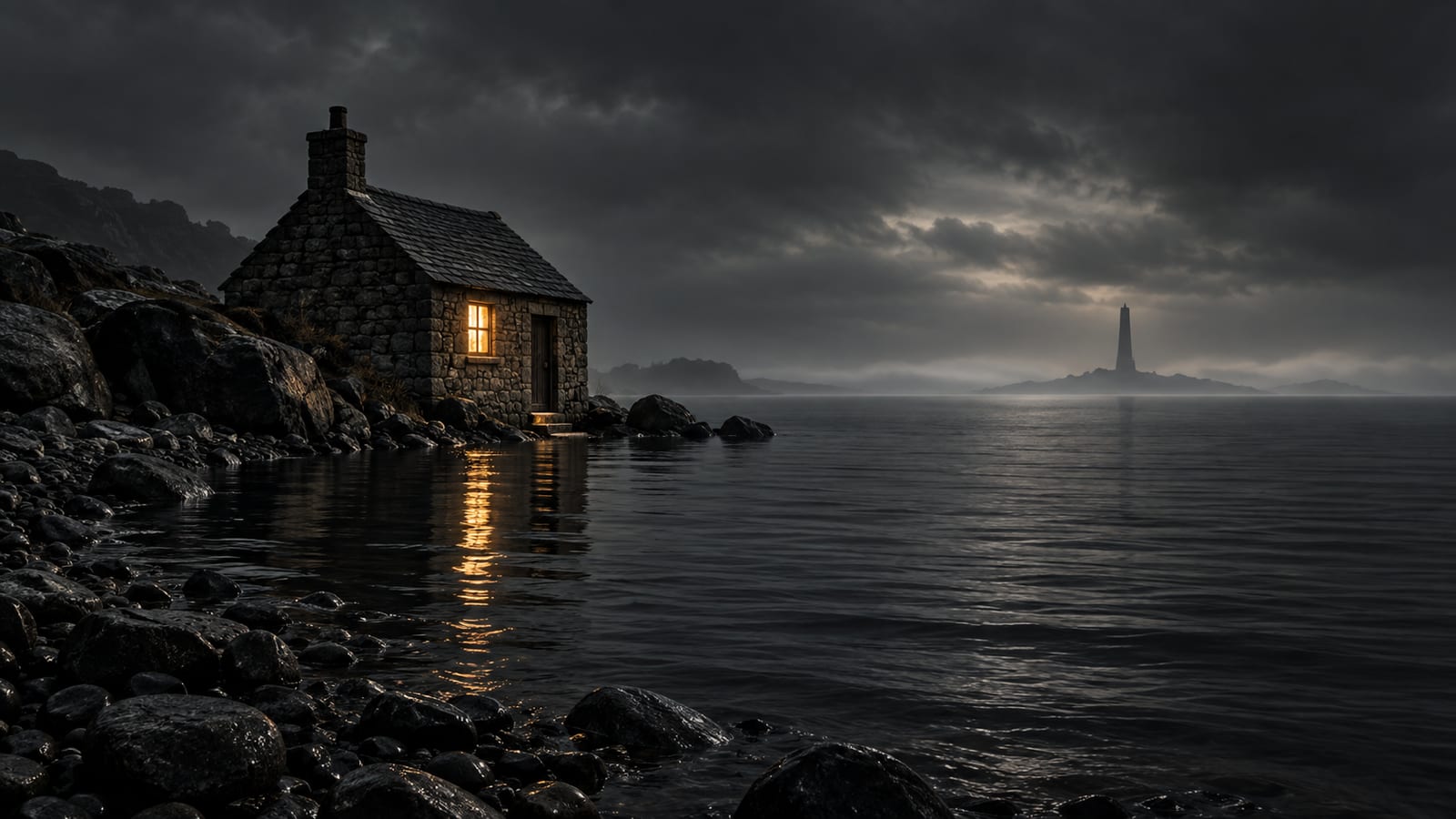 Una casa de piedra con una ventana encendida en una orilla oscura, con la marea llegando al umbral y una torre lejana en el horizonte bajo la luna menguante.