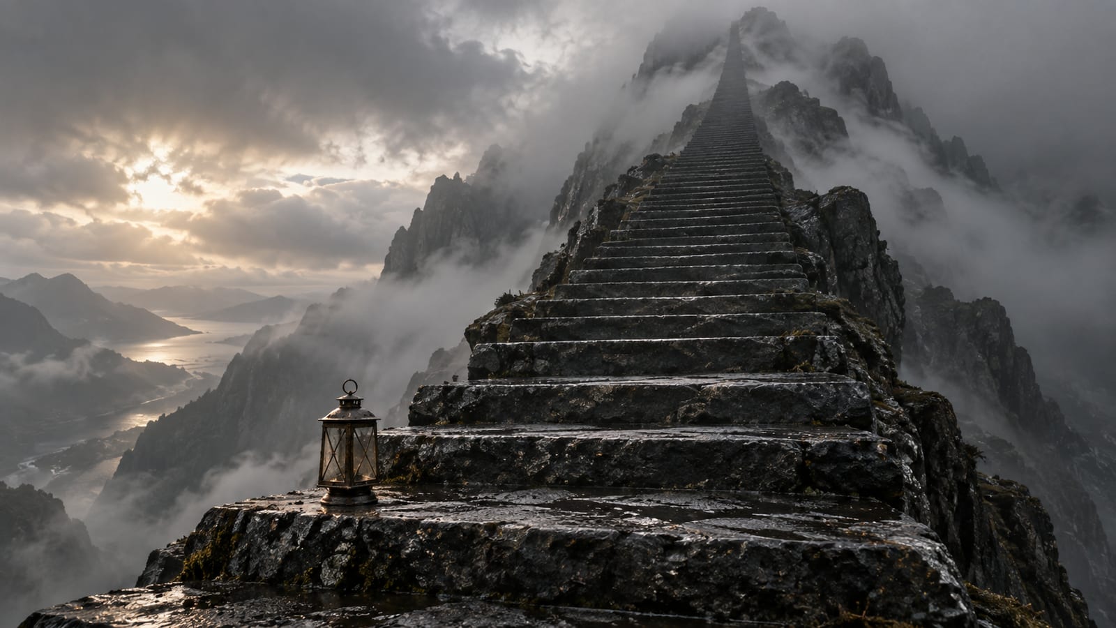 Una escalera monumental tallada en la montaña que sube hasta perderse en la niebla, con un pequeño farol apagado en uno de los escalones.