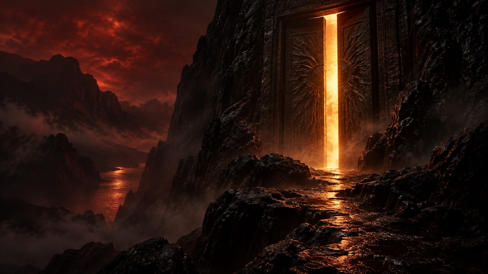 Una puerta de piedra entreabierta en un acantilado negro de noche, con luz cálida saliendo desde el interior sobre la roca mojada.