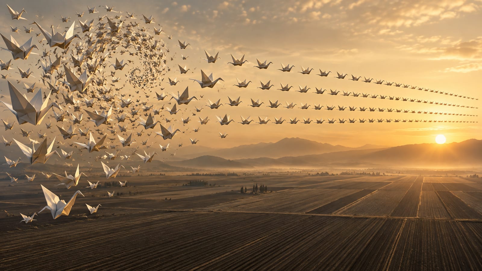 Una bandada de pájaros de papel que pasa del desorden a filas perfectas sobre un campo geométrico al atardecer.