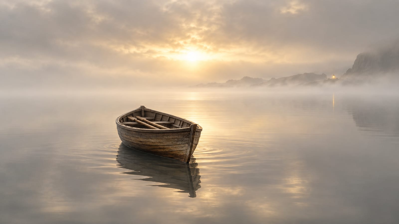 Una barca de madera detenida en un mar de niebla plateada con los remos recogidos y una costa lejana apenas visible.