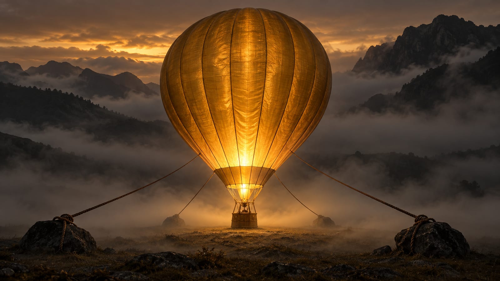 Un globo aerostático de seda dorada encendido por dentro, anclado con cuerdas al suelo de un valle de niebla gris al anochecer.