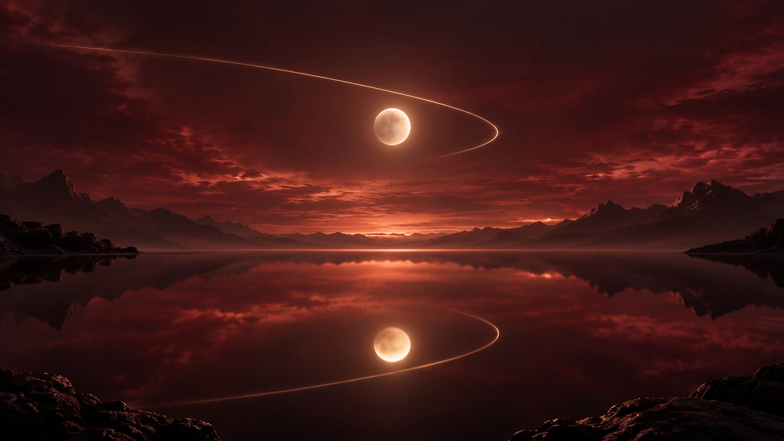 Un planeta luminoso detenido sobre un lago en calma que lo refleja, con una estela dorada que se curva hacia atrás bajo un cielo granate.