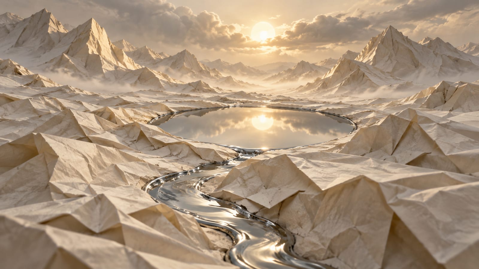 Un paisaje de papel arrugado color crema atravesado por un río de tinta plateada que se detiene en el centro y forma un remanso quieto.