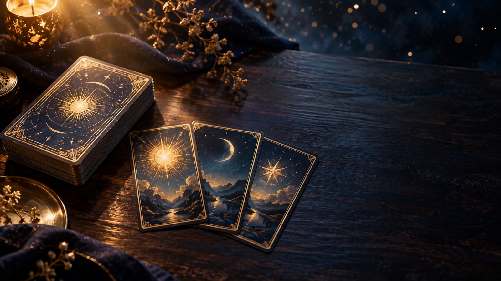 Ilustración editorial: mesa de madera oscura con un mazo de tarot de reversos dorados e índigo y tres cartas parcialmente reveladas bajo una luz cálida.